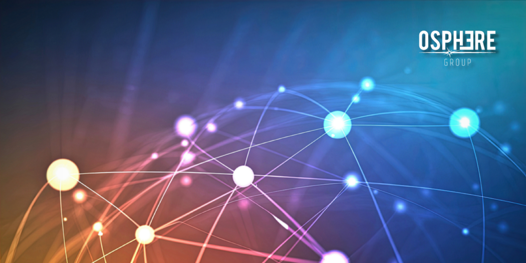 Digital network representing Osphere Group's integrated business ecosystem connecting Digital, Media, Solutions, Academy, and Service Plix.